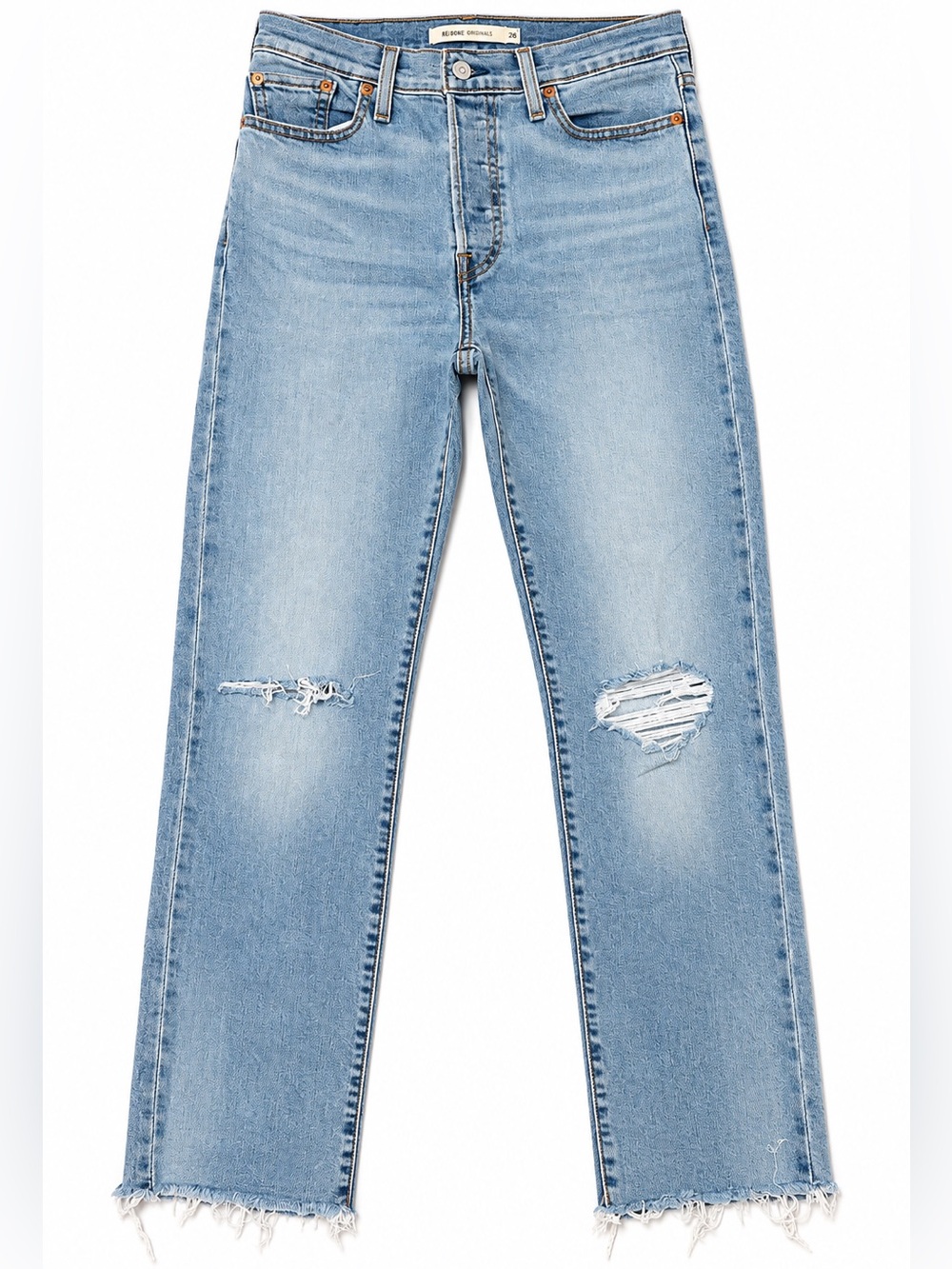 Levi’s Wedgie Straight Jeans Light Wash Distressed Raw Hem Size 26